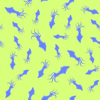 European Squid Silhouette Seamless Pattern on Yellow Background. Cute Seafood. Animal Under Water. Sea Monster