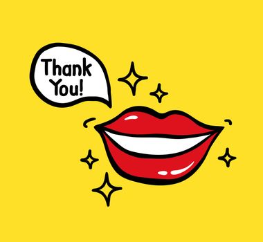 Pop art vector smiling red lips on yellow background with Speech Bubble text Thank you