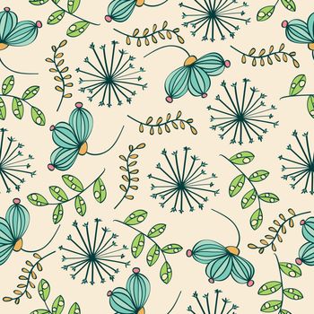 Doodle colorful seamless pattern with flowers and leafs