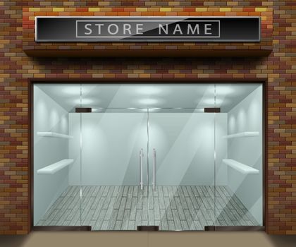 Template for advertising 3d store front facade with red brick. Exterior empty shop or boutique with transparent window. Blank mockup of stylish glass street shop. Vector illustration