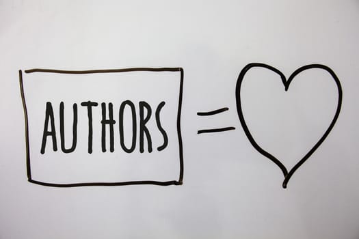 Conceptual hand writing showing Authors. Business photo showcasing Writer Journalist Poet Biographer Playwright Composer Creator Ideas messages heart white background intentions feelings.