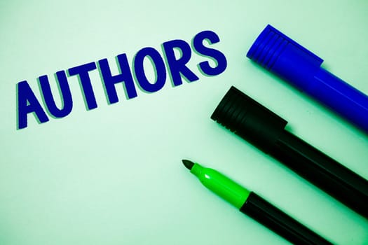 Handwriting text writing Authors. Concept meaning Writer Journalist Poet Biographer Playwright Composer Creator Ideas messages feelings intentions reflection markers white background.