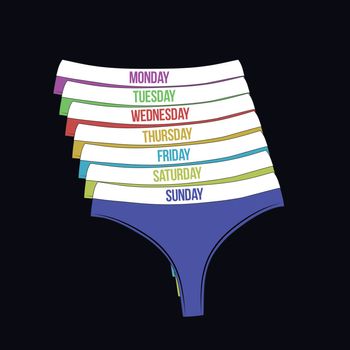 Days of the week woman panties set. Different colors cute thongs isolated on black background.