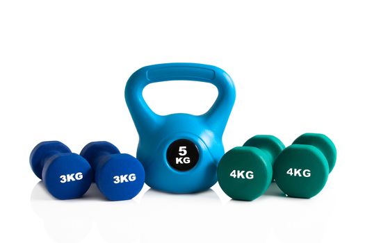 Set of kettlebell and dumbbells for gym training