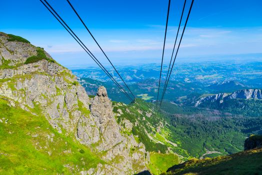 Cables of the funicular over the abyss in the Tatra mountains