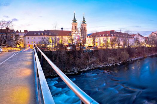 City of Graz Mur river and island evening view