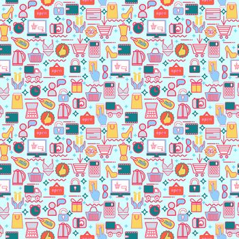 Vector flat linear style background with colorful shopping icons, retail, online  payment , seamless vector pattern with colorful shopping icons. 