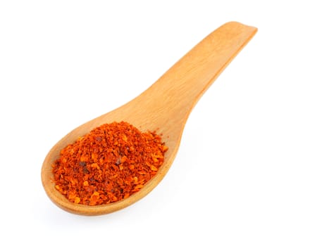 Cayenne pepper in wood spoon on white background