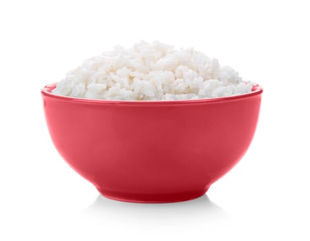 Rice in red bowl on white background