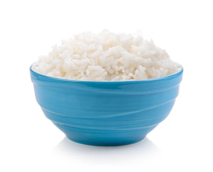 rice in blue bowl on white background