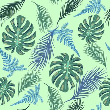 Vector background tropical trendy seamless pattern with exotic plant leaves, illustration.