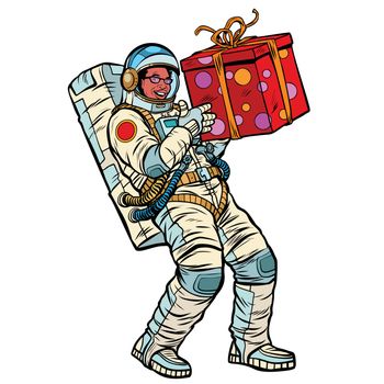 Cosmonaut with gift box. African American people