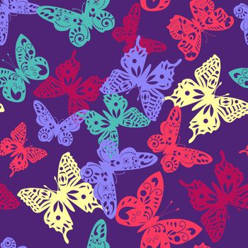 colorful butterfly pattern on violet background.
