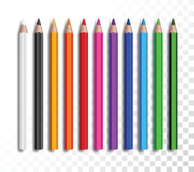 Design set of realistic colored pencils on transparent background. School items, colorful pencil vector illustration.