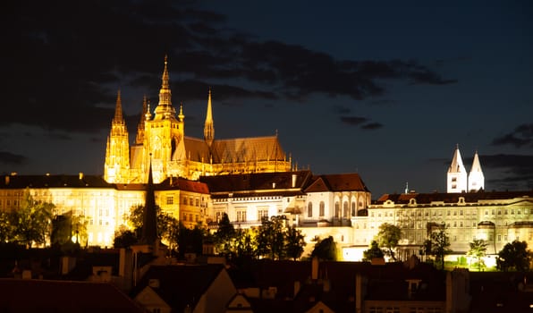 Hradcany with Prague Castle and St Vitus Cathedral by night. Prague, Czech Republic