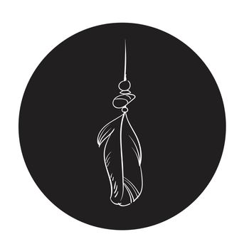 Detailed vector outline feather in a black circle. Laconic and stylish illustration. Monochrome vector.