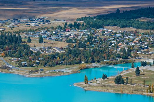 Aerial view of Lake Tekapo from Mount John Observatory in Canter