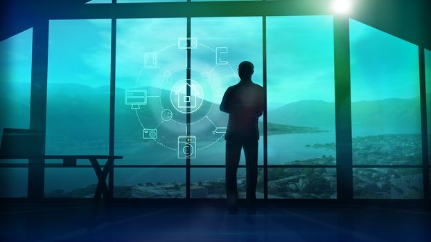 A man is standing by the window viewing IOT infographics elements. 3D illustration