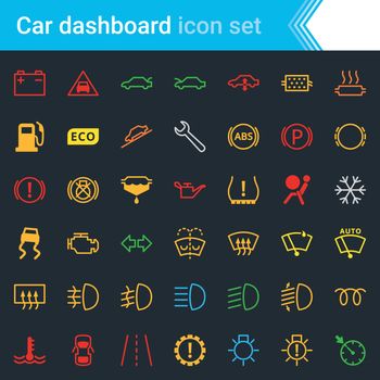 Colorful car dashboard interface and indicators icon set - service maintenance vector symbols