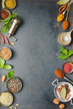 Herbs and spices on dark background