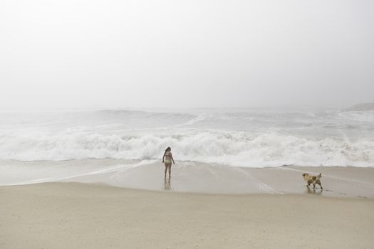 Woman and dog on the beach