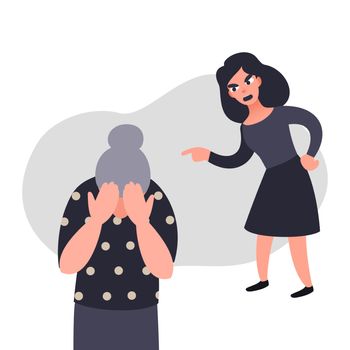 Family violence and aggression concept. Aggressive woman scream at a scared elderly woman. Senior female crying covering her face. Stop domesic abuse