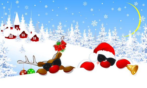 Santa Claus and reindeer in the glasses.The deer is decorated with Christmas balls and a red bow. Santa and deer on background village and winter forest. Santa and a deer with red noses.