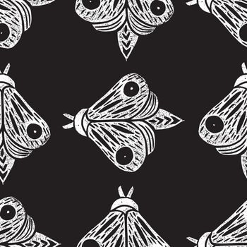 Butterflies. Seamless pattern. Linocut handmade vector illustration. White isolated on black.