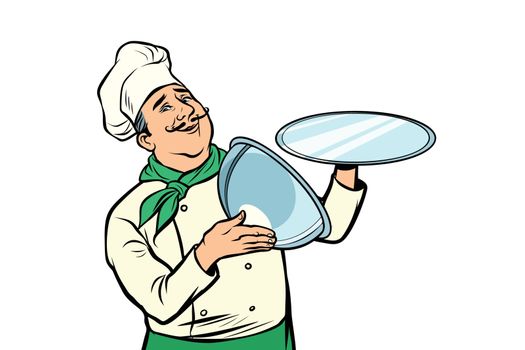chef with tray with open lid. isolate on white background