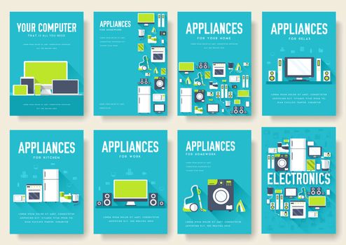 Home appliances cards set. Electronics template of flyear, magazines, posters, book cover, banners. Devices infographic concept background. Layout illustrations template pages with typography text.