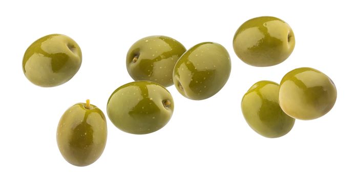 Green olives isolated on white background with clipping path