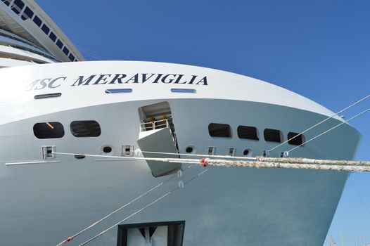 Close-up of luxury cruise liner MSC Meraviglia, the name of the ship is written on the starboard side, October 7, 2018