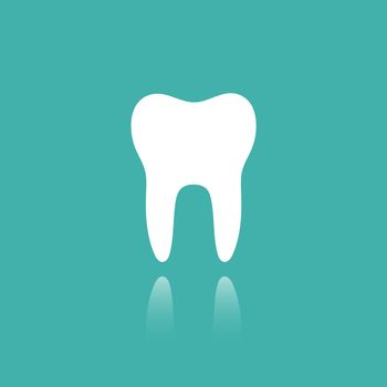 Tooth flat icon with reflection on a green background. Vector illustration
