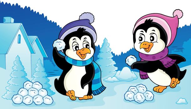 Penguins playing with snow image 3 - eps10 vector illustration.