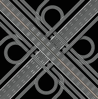 Car highway. The denouement of the many roadss. Top view. Vector illustration on black