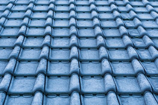 macro closeup of icy rooftop tiling covered in snow crystals, cold winter season, architecture background