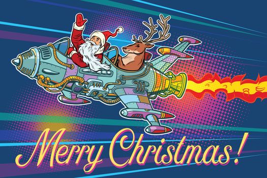 Merry Christmas. Santa Claus with a deer flying on a rocket. Pop art retro vector illustration vintage kitsch