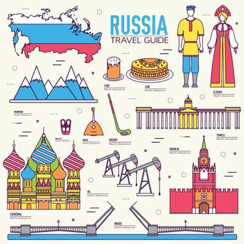 Country Russia travel vacation guide of goods, place and feature. Set of architecture, fashion, people, item, nature background concept. Infographic traditional ethnic flat, outline, thin line icon