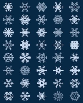Set of different white snowflakes on a blue background