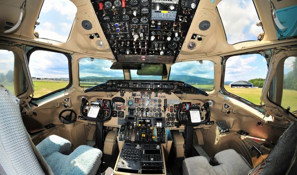 Vintage passenger jet aircraft cockpit interior