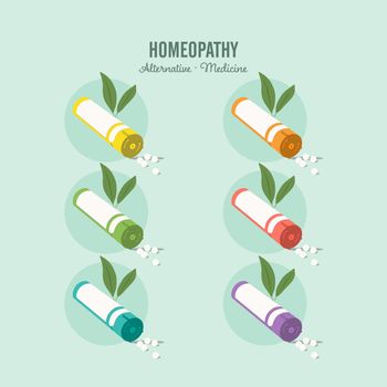 Homeopathic medicine set on a green background. Homeopathic pills. Alternative medicine