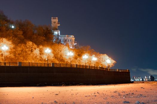 View of the city of Khabarovsk from the Amur river. Frozen river.