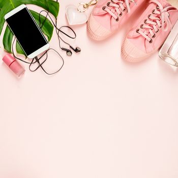 Beautiful flat lay with trendy accessories, close up
