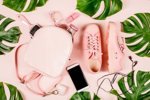 Beautiful flat lay with trendy accessories, close up