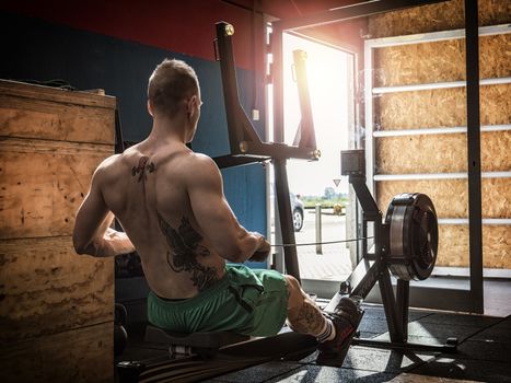Muscular young man, training back on rowing machine