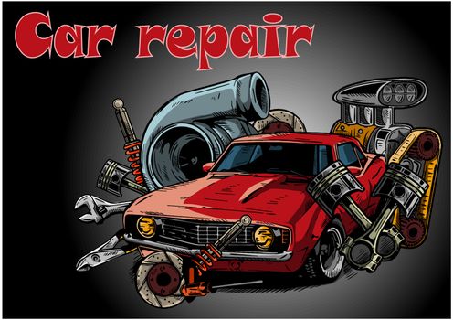Vintage car components collection witn automobile motor engine piston steering wheel tire headlights speedometer gearbox shock absorber isolated vector illustration