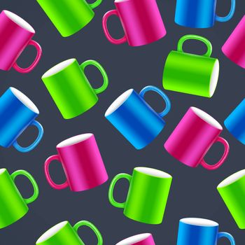 colorful cups for coffee or tea on black background seamless pattern. Vector illustration design
