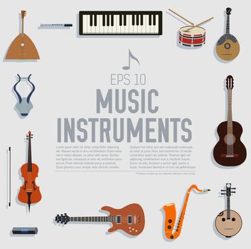 flat music instruments background concept. Vector illustrator design in retro style bright colors