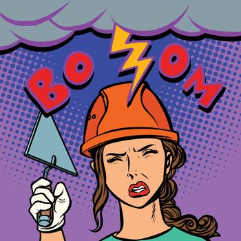 woman builder lightning beats on the head. Comic cartoon pop art retro vector illustration drawing