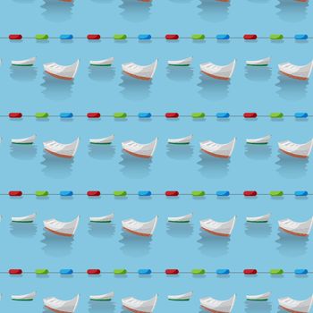 Seamless pattern of boats in the blue sea and restrictive buoys